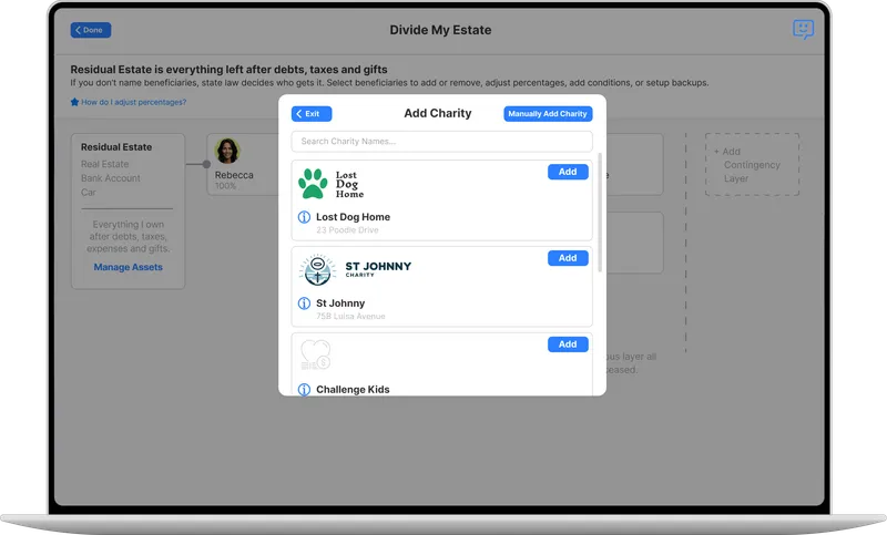 Will Hero charity bequest workflow example - adding residual gift to charity