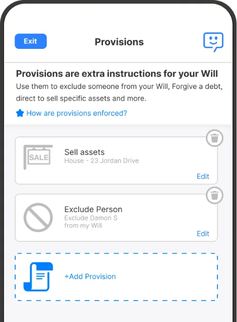 Sell Assets instruction added to the provisions list in Will Hero