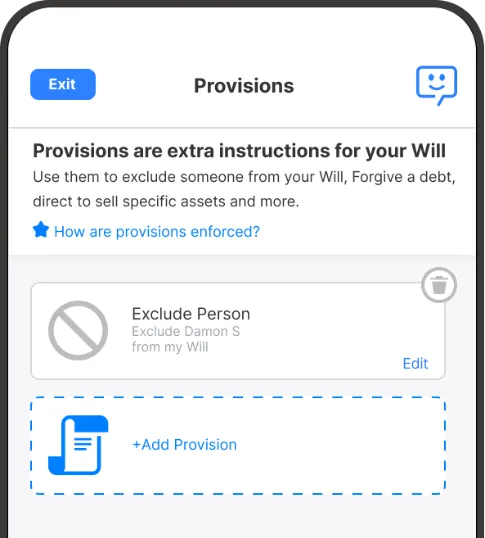 Provisions screen in Will Hero with the option to add a provision