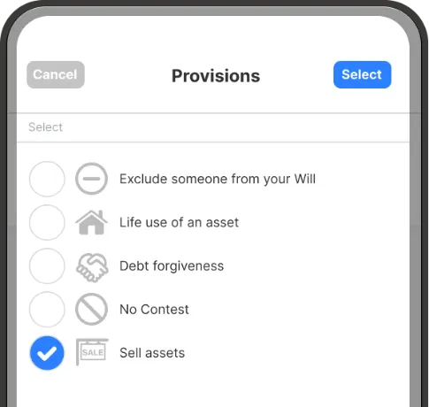 Selecting Sell Assets from the list of Will Hero provisions