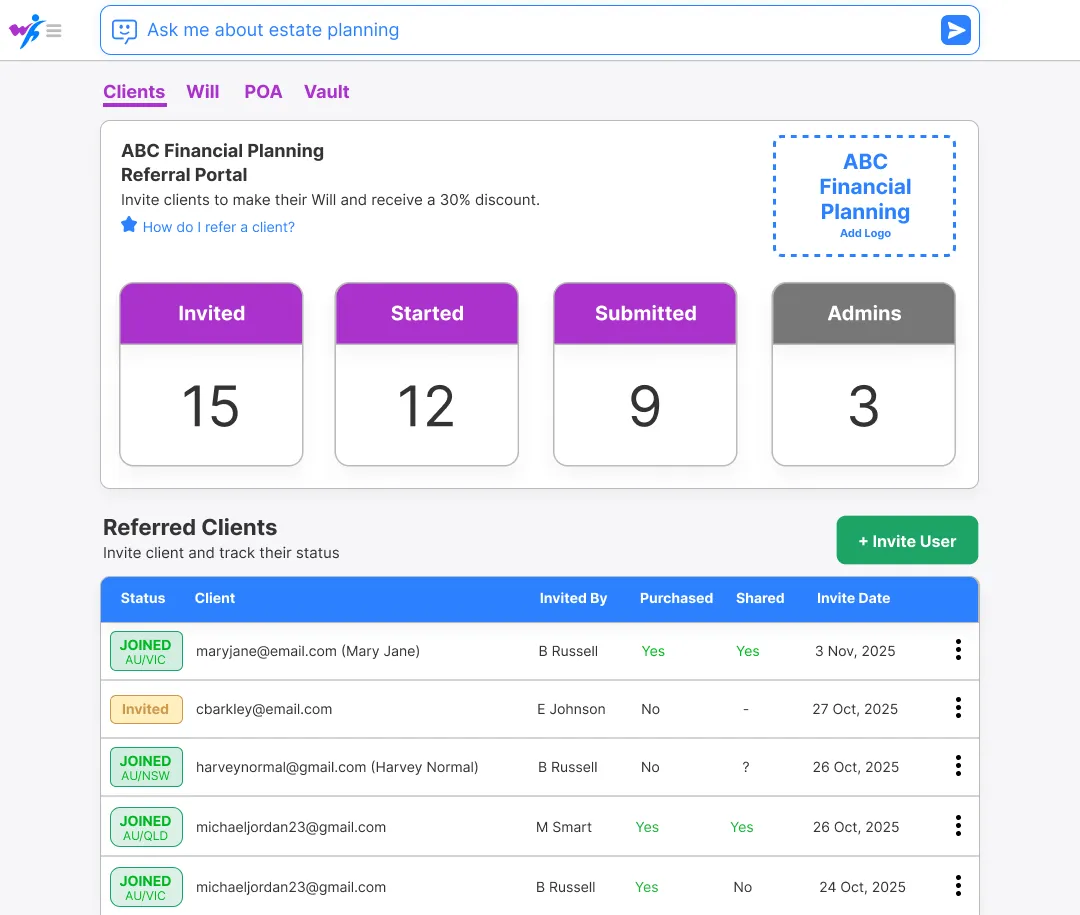 Will Hero Partner Dashboard - Referral management interface