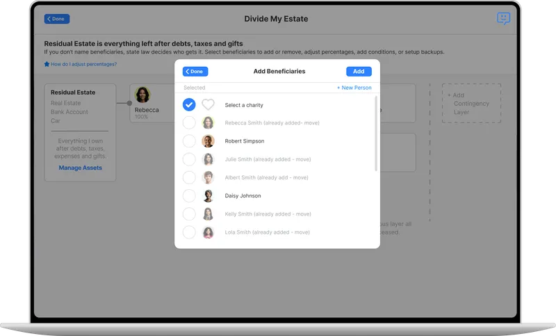 How to add a charity to your Will using Will Hero - selecting residual gift option