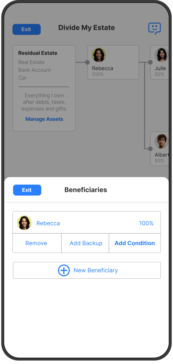 Will Hero beneficiary panel with options to Remove, Add Backup or Add Condition for the selected beneficiary.