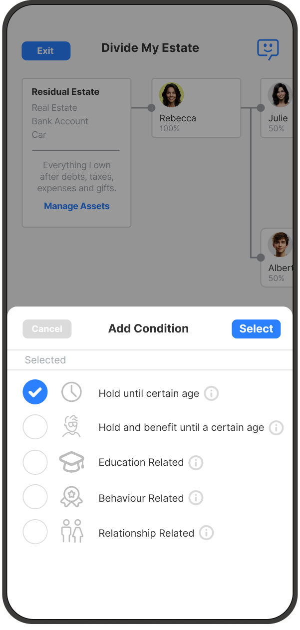 Will Hero Add Condition menu listing condition types, including Hold until certain age and Hold and benefit until a certain age.