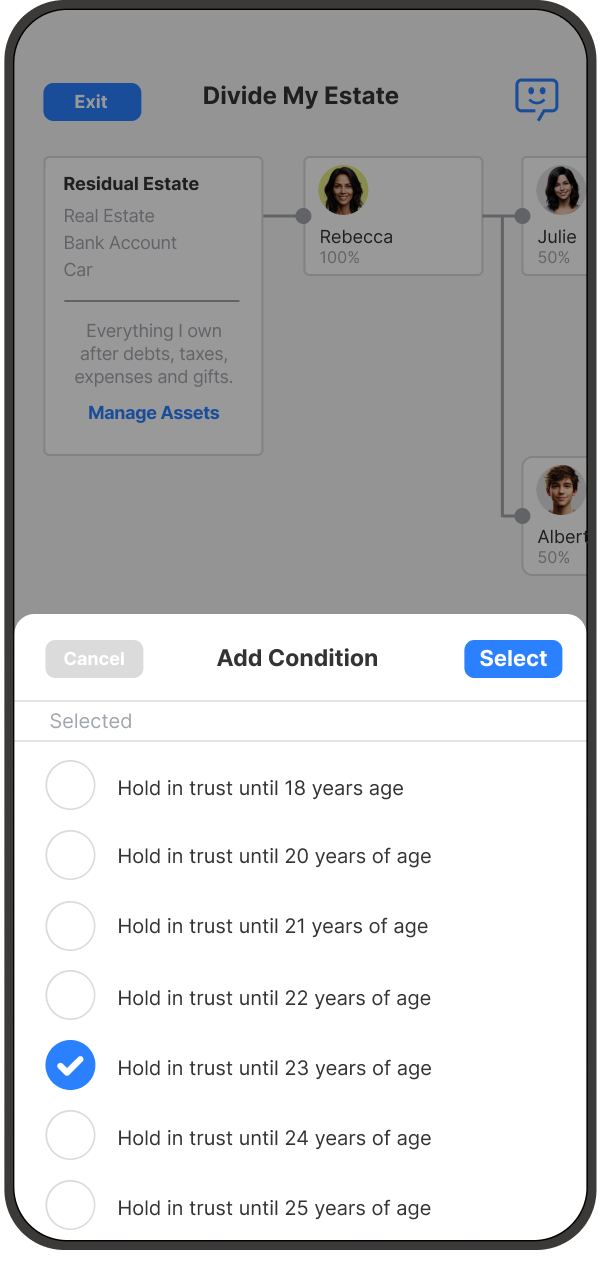 Will Hero age selection list, choosing to hold the gift in trust until 23 years of age.
