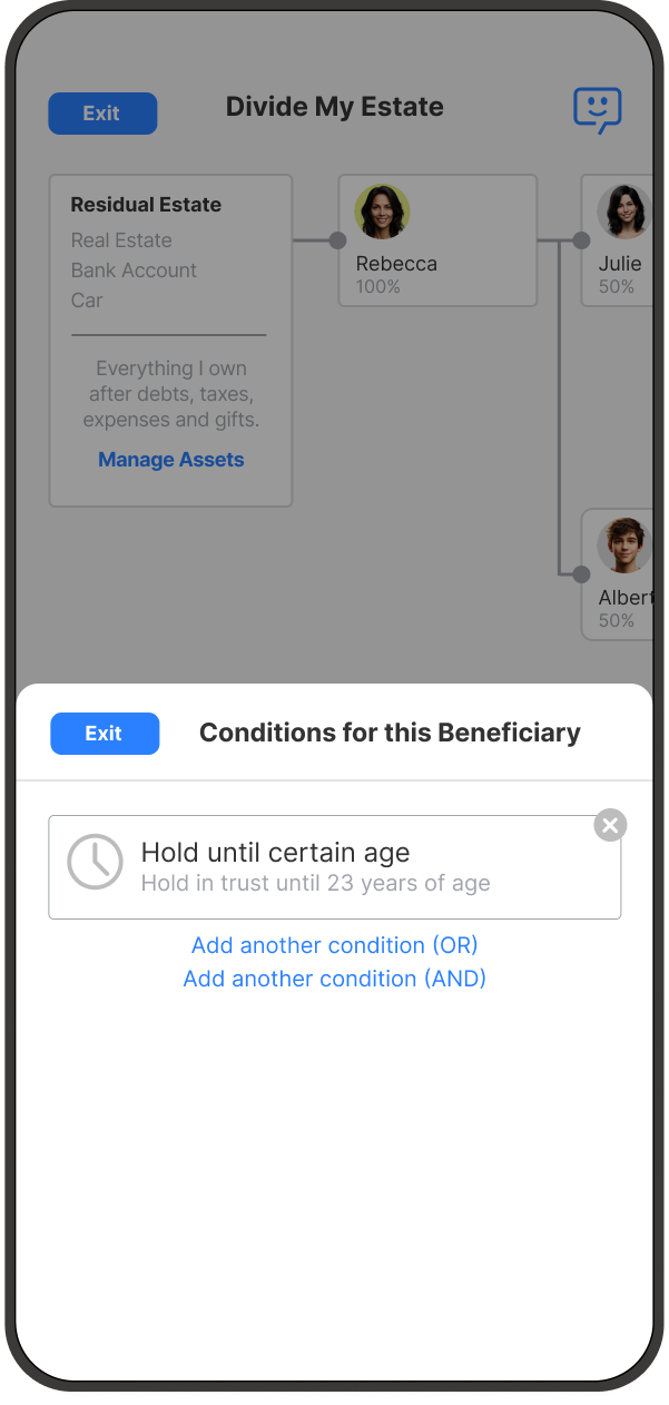 Will Hero conditions summary showing Hold until certain age, hold in trust until 23 years of age, saved against the beneficiary.