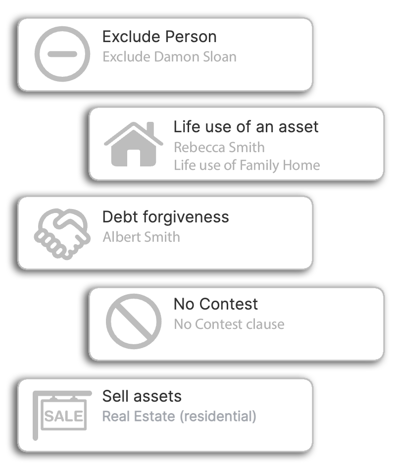 A selection of advanced Will provisions you can add in Will Hero — exclude a person, life use of an asset, debt forgiveness, no-contest clause and sell assets.